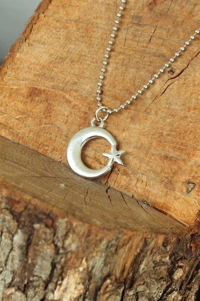 Gümüş Renk Krom Kaplama Kararmaz Ay Yıldız Tasarım Metal Erkek Kolye