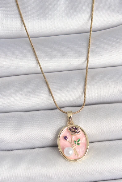 316L Çelik Gold Renk Zincir Pembe Çiçek İşlemeli İnci Detay Portre Model Kadın Kolye - TJ-BKO10077