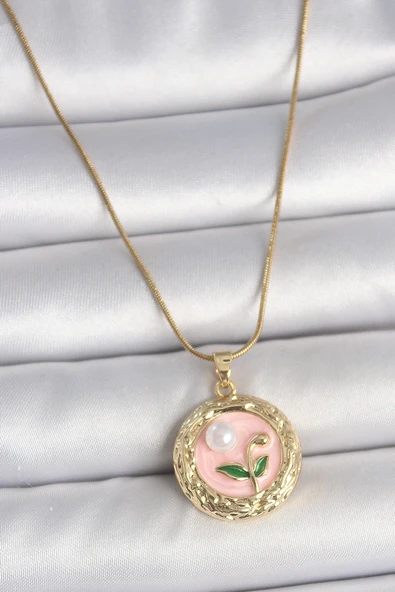 316L Çelik Gold Renk Zincir Pembe Çiçek İşlemeli inci Detay Portre Model Kadın Kolye - TJ-BKO10079