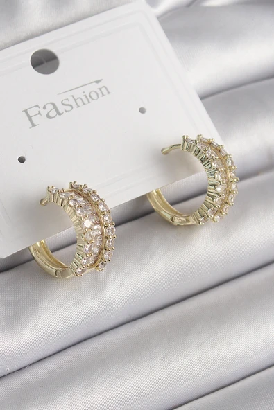 Pirinç Gold Renk Zirkon Taşlı Halka Model Kadın Küpe - TJ-BKP9965