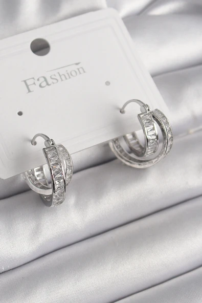 Pirinç Gümüş Renk Zirkon Taşlı Halka Model Kadın Küpe - TJ-BKP10002