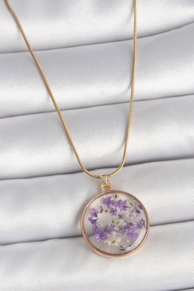 316L Çelik Gold Renk Zincir Daire Eposki Mor Çiçek Model Kadın Kolye - TJ-BKO10071