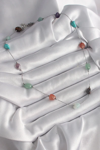 316L Çelik Gümüş Renk Zincir Renkli Doğaltaş Model Kadın Kolye - TJ-BKO9660 - 2