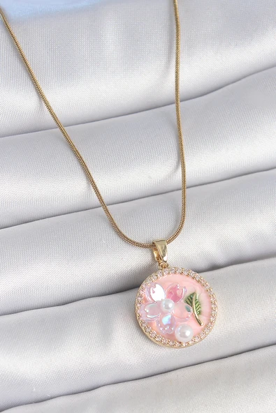 316L Çelik Gold Renk Zincir Zirkon Taşlı Pembe Mineli Çiçek İşlemeli İnci Detay Portre Model Kadın Kolye - TJ-BKO10139