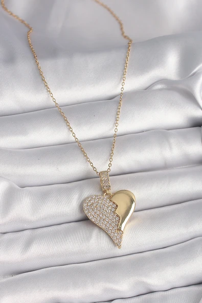 316L Çelik Gold Renk Zincir Zirkon Taşlı Kırık Kalp Model Kadın Kolye - TJ-BKO9757 - 2