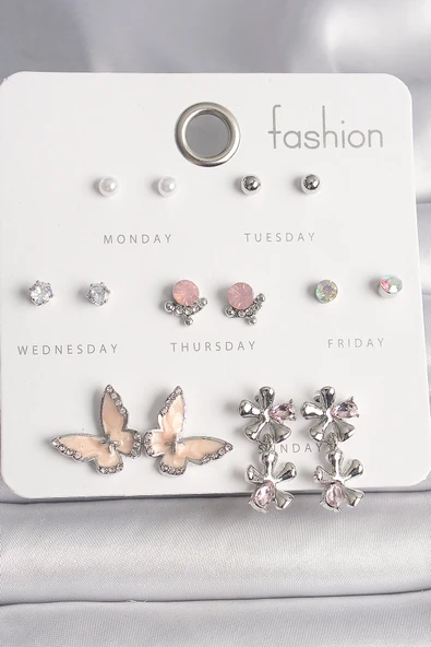 Pirinç Gümüş Renk Zirkon Taşlı Sallantı Çiçek Mineli Kelebek Figür İnci Detay 7 Çift Kadın Küpe Seti - TJ-BKP10138