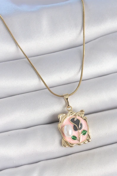 316L Çelik Gold Renk Zincir Pembe Mineli Çiçek İşlemli İnci Detay Portre Model Kadın Kolye - TJ-BKO10185
