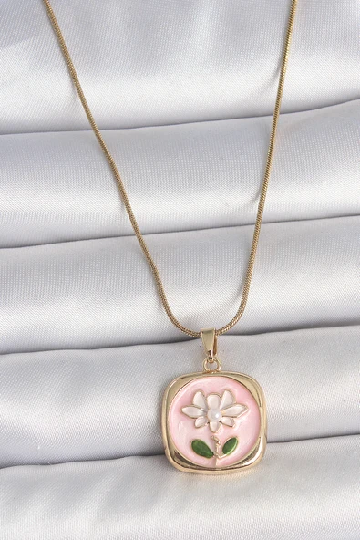 316L Çelik Gold Renk Zincir Pembe Papatya İşlemeli İnci Detay Kadın Kolye - TJ-BKO10082