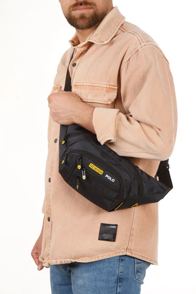 Erkek Bel Çantası Çapraz Çok Cepli Su Geçirmez Kumaş Göğüs Çapraz Kulaklık Çıkışlı Çanta - 4