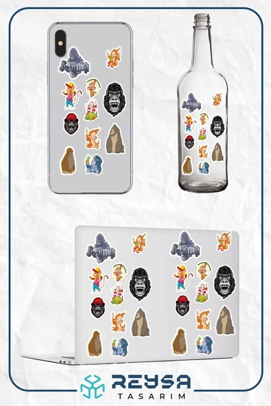 Goril Sticker Set-1 17 Parça Telefon, Tablet, Defter, Laptop Sticker - Resim 3