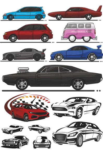 Arabalar Sticker Set-1 14 Parça Telefon, Tablet, Defter, Laptop Sticker ürün görseli 1