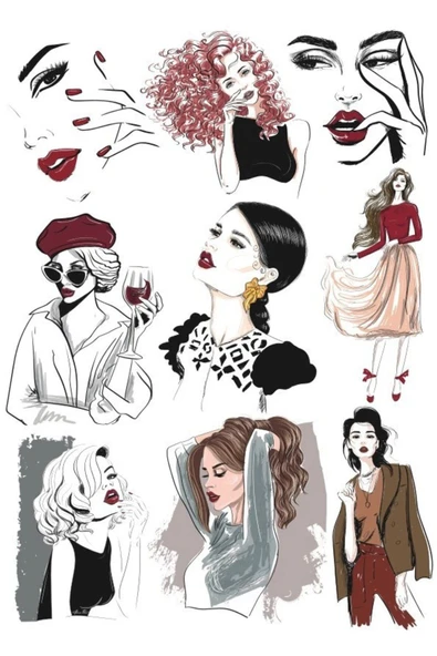 Fashion Kadın İllustrator Sticker Set-1 9 Parça Telefon, Tablet, Defter, Laptop Sticker ürün görseli 1
