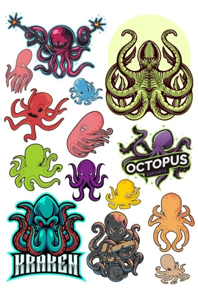 Ahtapot Sticker Set-1 17 Parça Telefon, Tablet, Defter, Laptop Sticker ürün görseli 1