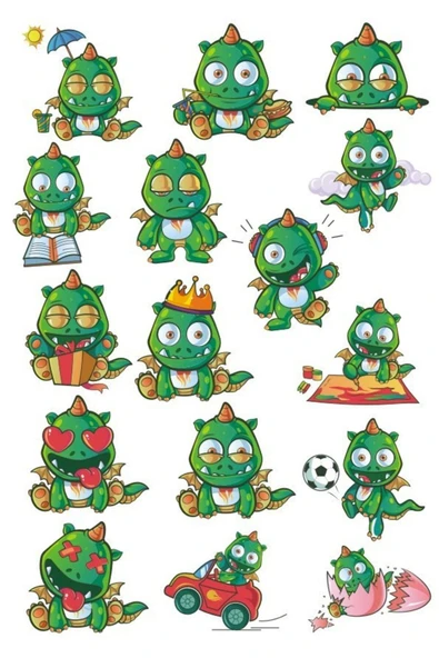 Yeşil Sevimli Ejderha Sticker Set 16 Parça Telefon, Tablet, Defter, Laptop Sticker ürün görseli 1