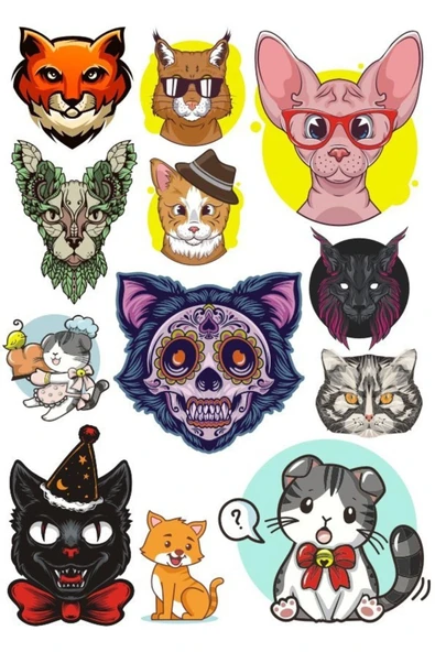 Kedi Sticker Set-2 12 Parça Telefon, Tablet, Defter, Laptop Sticker ürün görseli 1