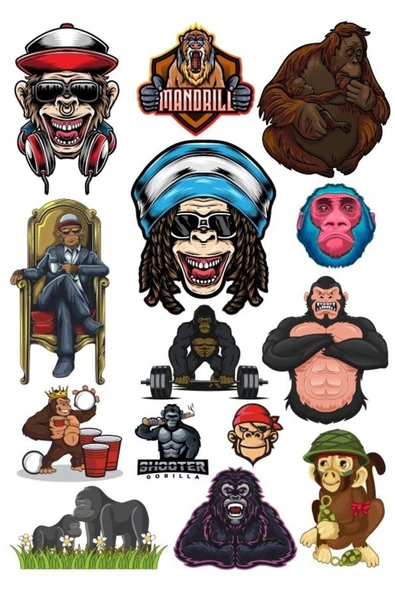 Goril Sticker Set-2 15 Parça Telefon, Tablet, Defter, Laptop Sticker