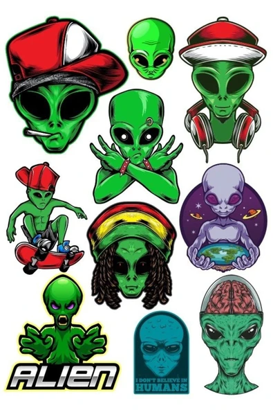 Uzaylı Sticker Set-2 10 Parça Telefon, Tablet, Defter, Laptop Sticker ürün görseli 1