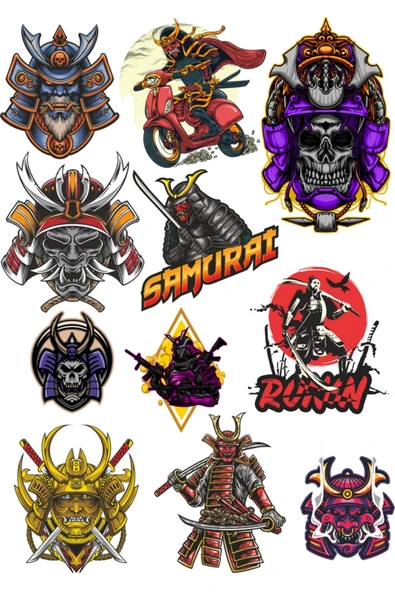 Samurai Sticker Set-2 12 Parça Telefon, Tablet, Defter, Laptop Sticker ürün görseli 1