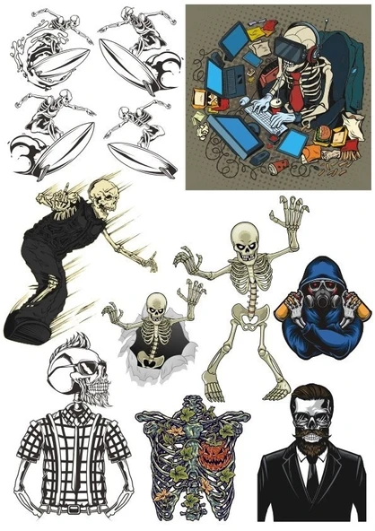 İskelet Kuru Kafa Sticker Set-2 15 Parça Telefon, Tablet, Defter, Laptop Sticker ürün görseli 1
