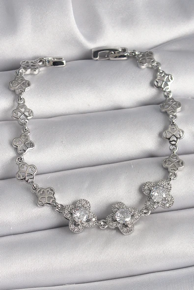 Pirinç Gümüş Renk Zirkon Taşlı Yonca Model Kadın Bileklik - TJ-BB6813