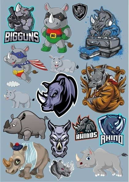 Gergedan Sticker Set-2 17 Parça Telefon, Tablet, Defter, Laptop Sticker ürün görseli 1