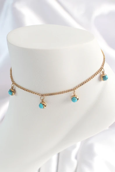 316L Çelik Gold Renk Zincir Model Mavi Taşlı Sallantı Figür Kadın HalHal - TJ-HH1531