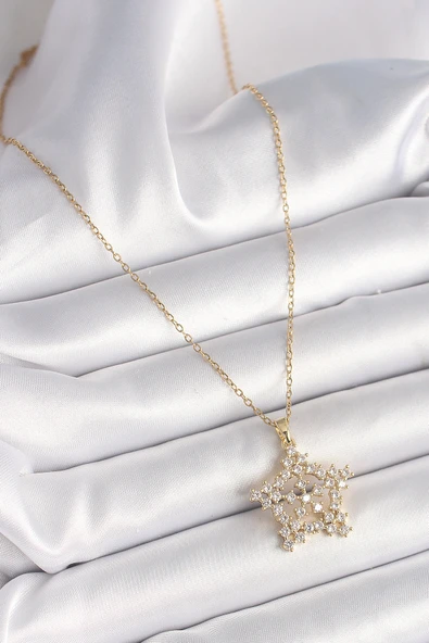 316L Çelik Gold Renk Zincir Zirkon Taşlı Kar Tanesi Model Kadın Kolye - TJ-BKO9895 - 2