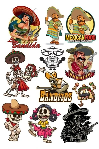 Meksika Temalı Sticker Set 11 Parça Telefon, Tablet, Defter, Laptop Sticker