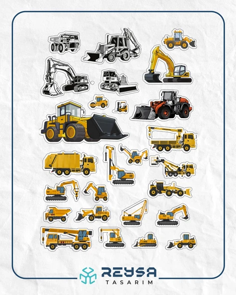 İş Makineleri Sticker Set-2 19 Parça Telefon, Tablet, Defter, Laptop Sticker