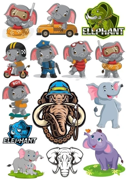 Fil Sticker Set-1 13 Parça Telefon, Tablet, Defter, Laptop Sticker ürün görseli 1