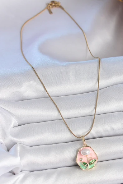316L Çelik Gold Renk Zincir Pembe Çiçek İşlemeli İnci Detay Portre Model Kadın Kolye - TJ-BKO10125 - 2