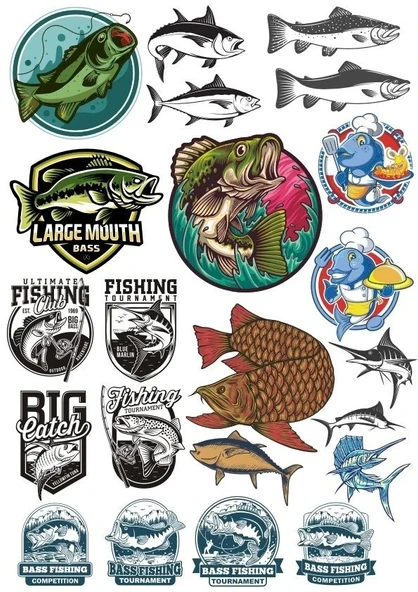 Balık Balıkçı Sticker Set 17 Parça Telefon, Tablet, Defter, Laptop Sticker