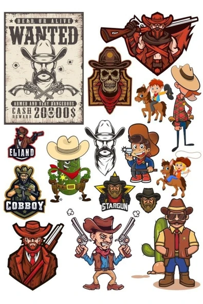 Kowboy Vahşi Batı Sticker Set-1 14 Parça Telefon, Tablet, Defter, Laptop Sticker ürün görseli 1