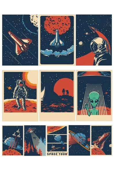 Uzay Poster Sticker Set 9 Parça Telefon, Tablet, Defter, Laptop Sticker ürün görseli 1