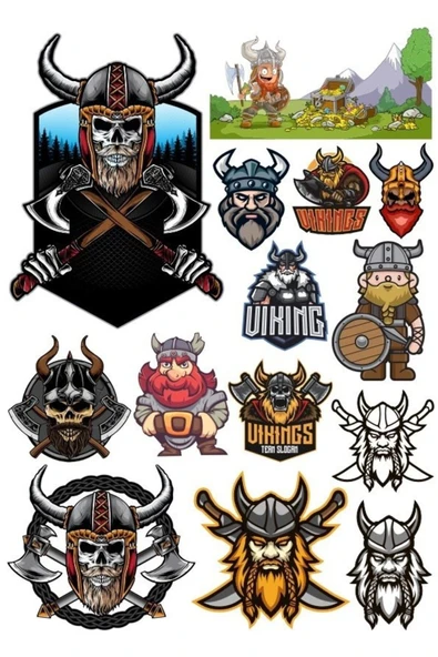 Vikings İsklelet ve Savaşçı Sticker Set 17 Parça Telefon, Tablet, Defter, Laptop Sticker