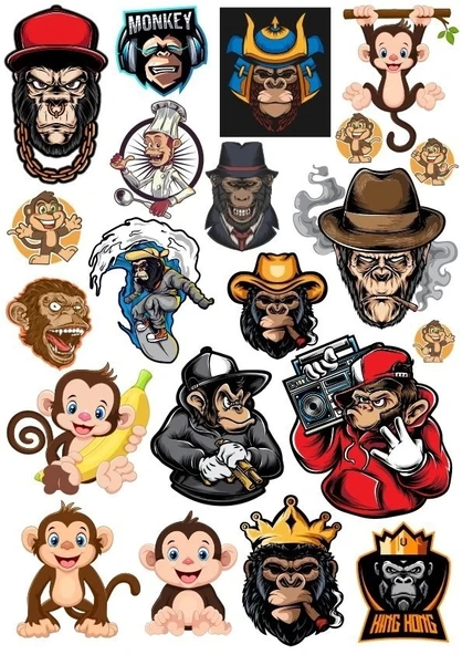 Maymun Goril Sticker Set-2 15 Parça Telefon, Tablet, Defter, Laptop Sticker