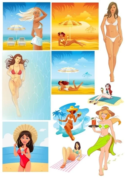 Plaj Kızı Sticker Set 10 Parça Telefon, Tablet, Defter, Laptop Sticker ürün görseli 1