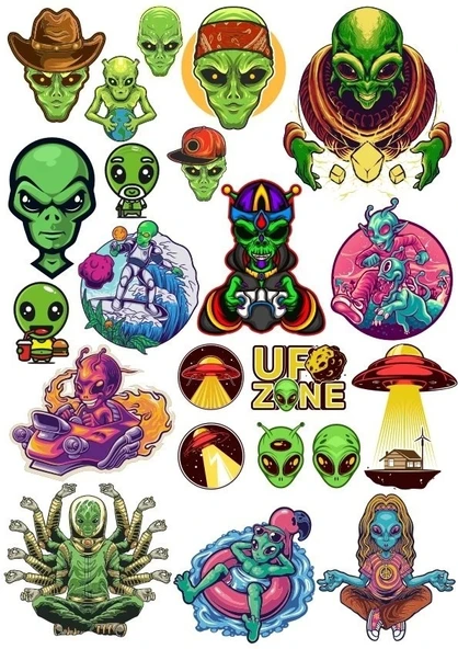Uzaylı Ufo Alienm Sticker Set 27 Parça Telefon, Tablet, Defter, Laptop Sticker ürün görseli 1