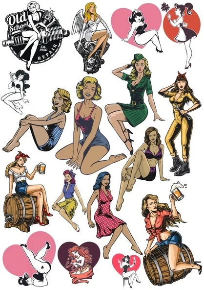 Retro Kadın Sticker Set 16 Parça Telefon, Tablet, Defter, Laptop Sticker ürün görseli 1