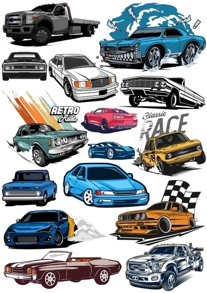 Retro Arabalar Sticker Set 3 14 Parça Telefon, Tablet, Defter, Laptop Sticker ürün görseli 1