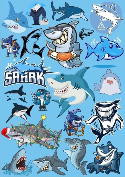 Köpek Balığı Sticker Set 16 Parça Telefon, Tablet, Defter, Laptop Sticker ürün görseli 1