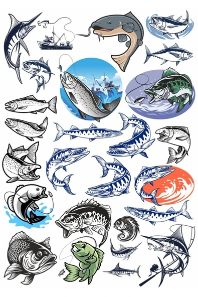 Balıkçılık ve Balık Sticker Set 1