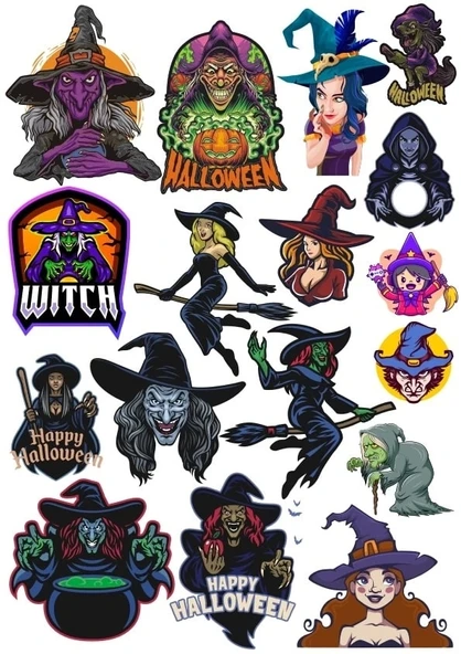 Hallowen Cadı Sticker Set 20 Parça Telefon, Tablet, Defter, Laptop Sticker ürün görseli 1