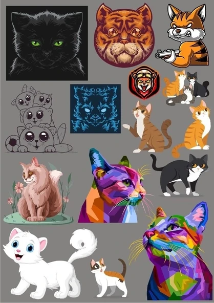 Kediler Sticker Set 7 16 Parça Telefon, Tablet, Defter, Laptop Sticker ürün görseli 1