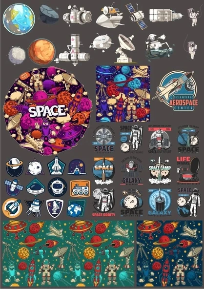 Retro Uzay Sticker Set 15 Parça Telefon, Tablet, Defter, Laptop Sticker ürün görseli 1