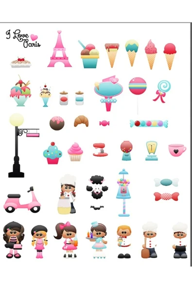 Cupcake, Dondurma ve Paris Sticker Set