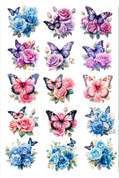 Çiçekler ve Kelebekler Sticker Set