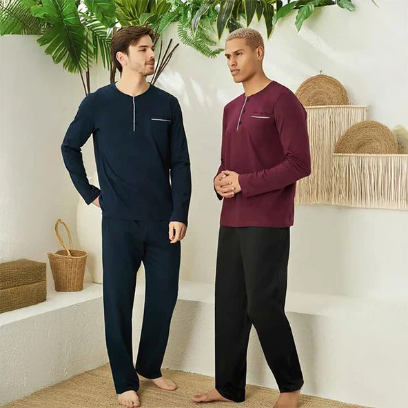 Elitepoint 1555 Erkek Yazlık Büyük Beden Uzun Kol Uzun Alt Pijama Takımı - 4