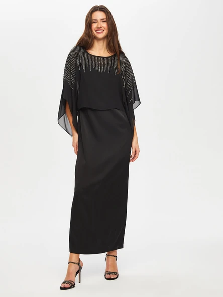 Faik Sönmez Kadın Boncuk Ve Taş İşli Şifon Pelerinli Uzun Abiye Elbise - Resim 4