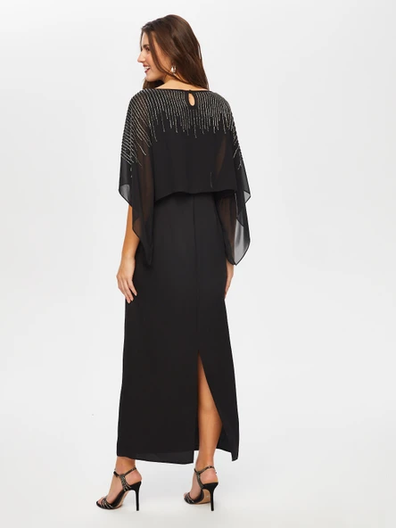 Faik Sönmez Kadın Boncuk Ve Taş İşli Şifon Pelerinli Uzun Abiye Elbise - Resim 8